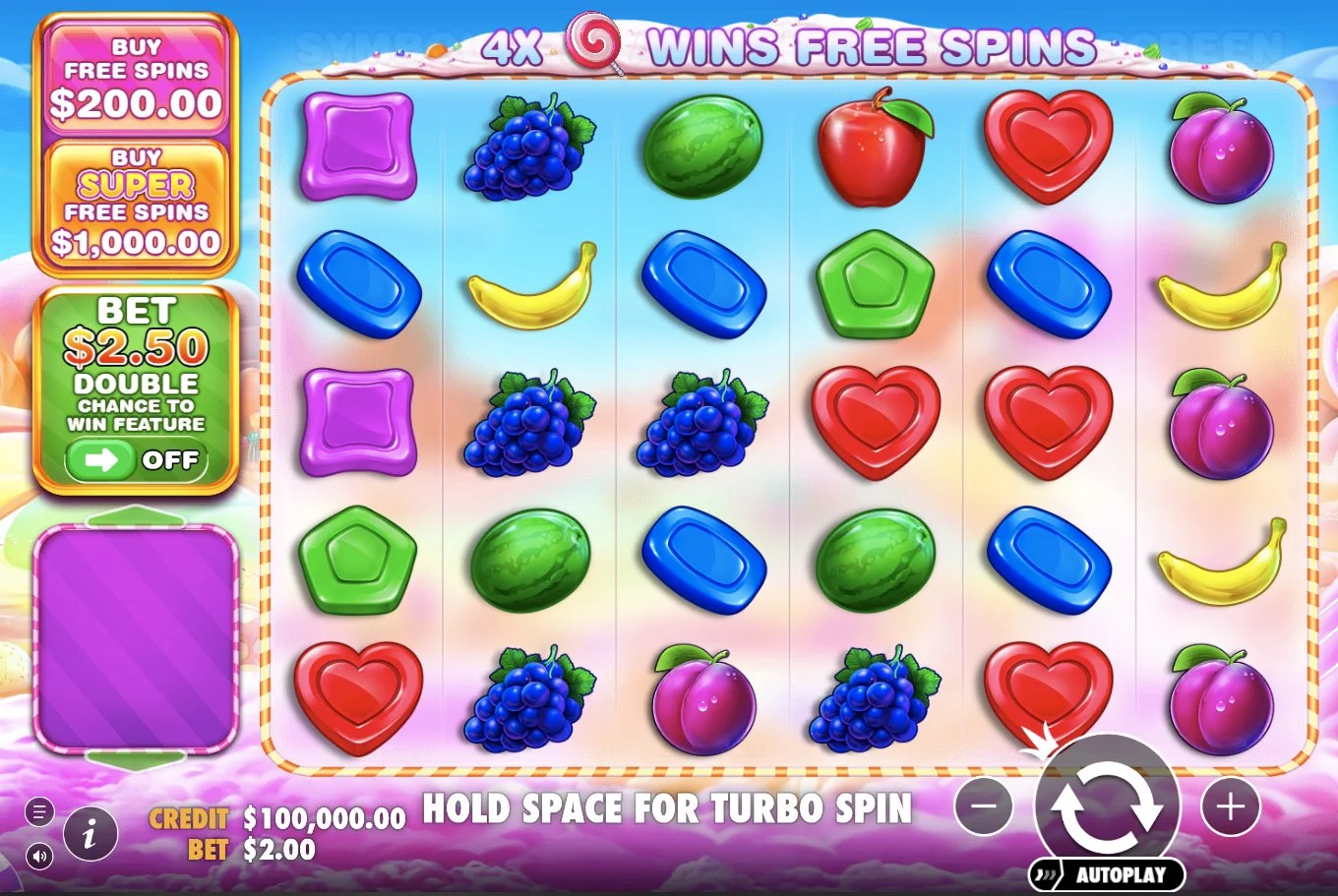 Sweet Bonanza 1000 base game showing bonus buy menu with 00 standard and 000 super options