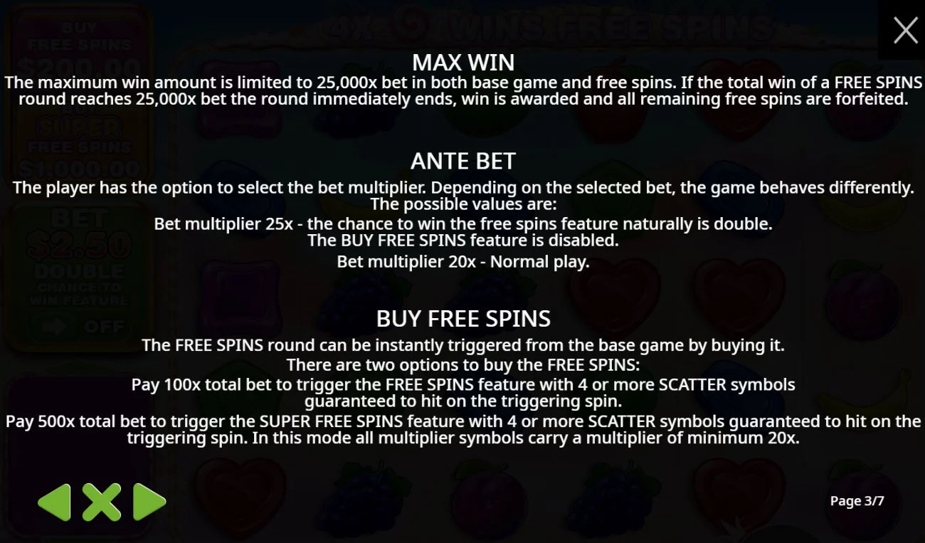 Sweet Bonanza 1000 bonus buy rules showing 100x standard and 500x super free spins with ante bet details