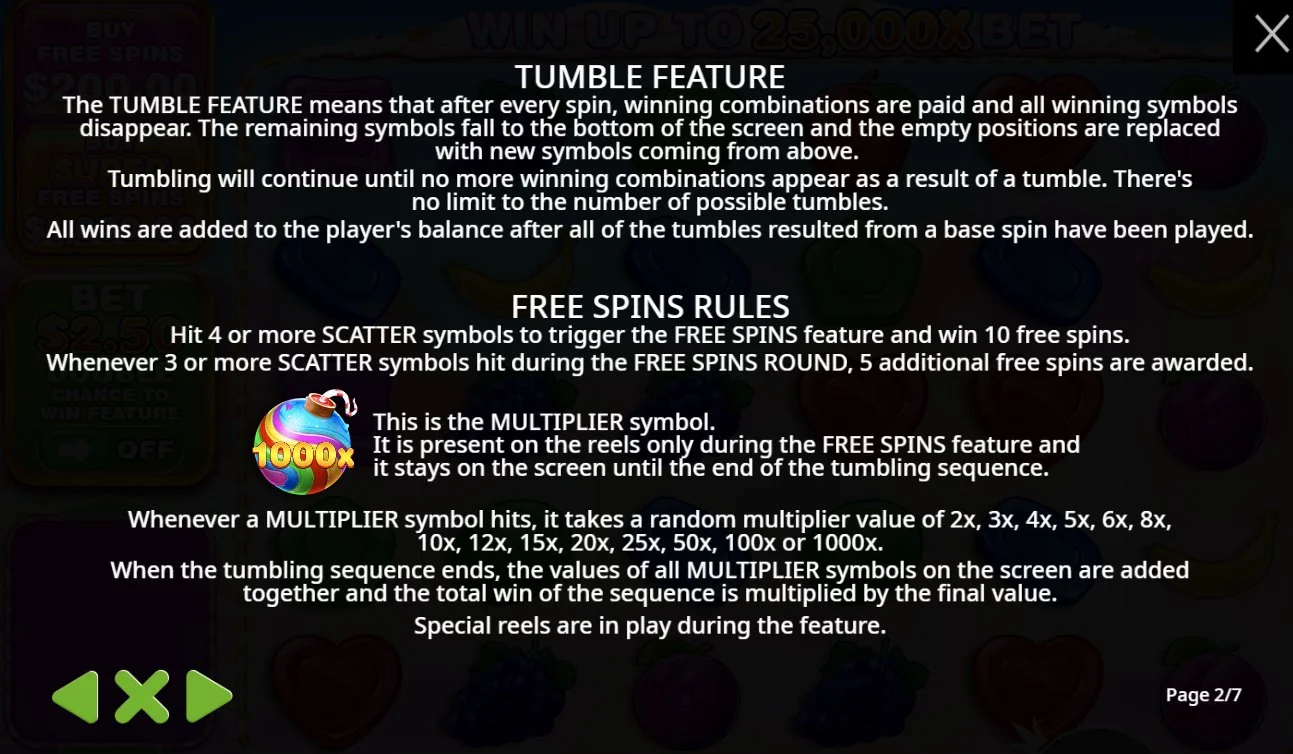 Sweet Bonanza 1000 free spins rules showing tumble feature and 1000x multiplier symbol mechanics