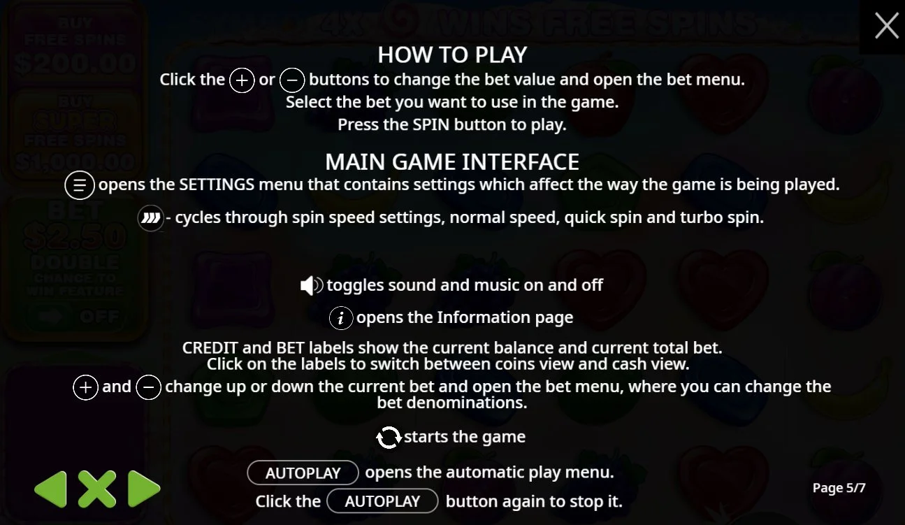 Sweet Bonanza 1000 interface guide showing spin button autoplay and bet controls explained