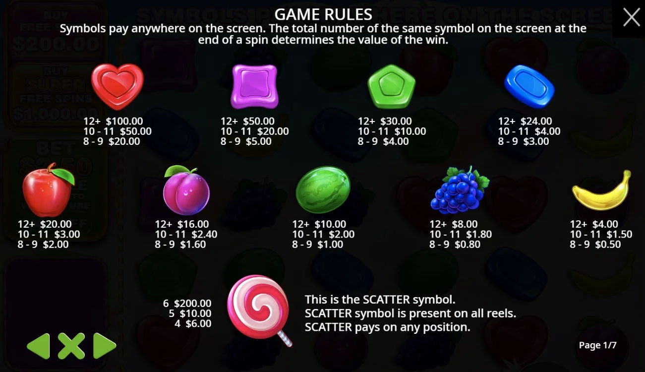 Sweet Bonanza 1000 paytable with symbol values from banana to red heart candy and lollipop scatter