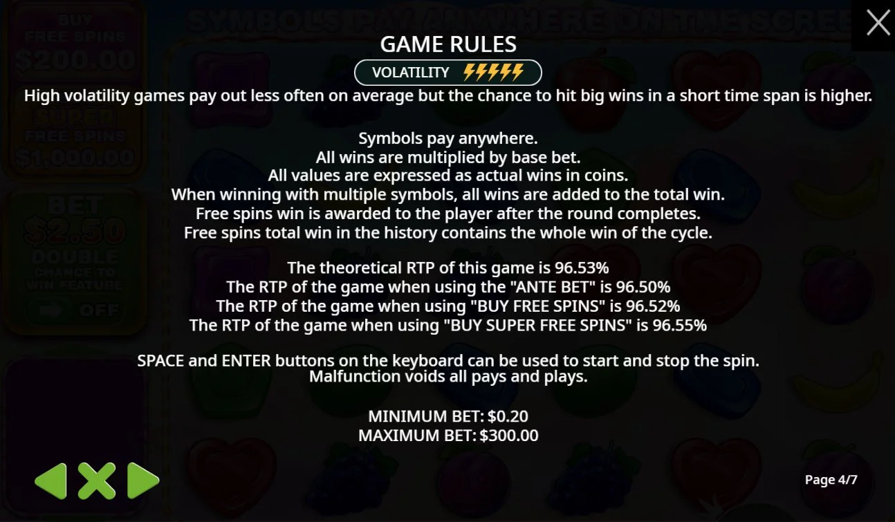 Sweet Bonanza 1000 game rules confirming RTP 96.53 percent base and high volatility rating 5 of 5