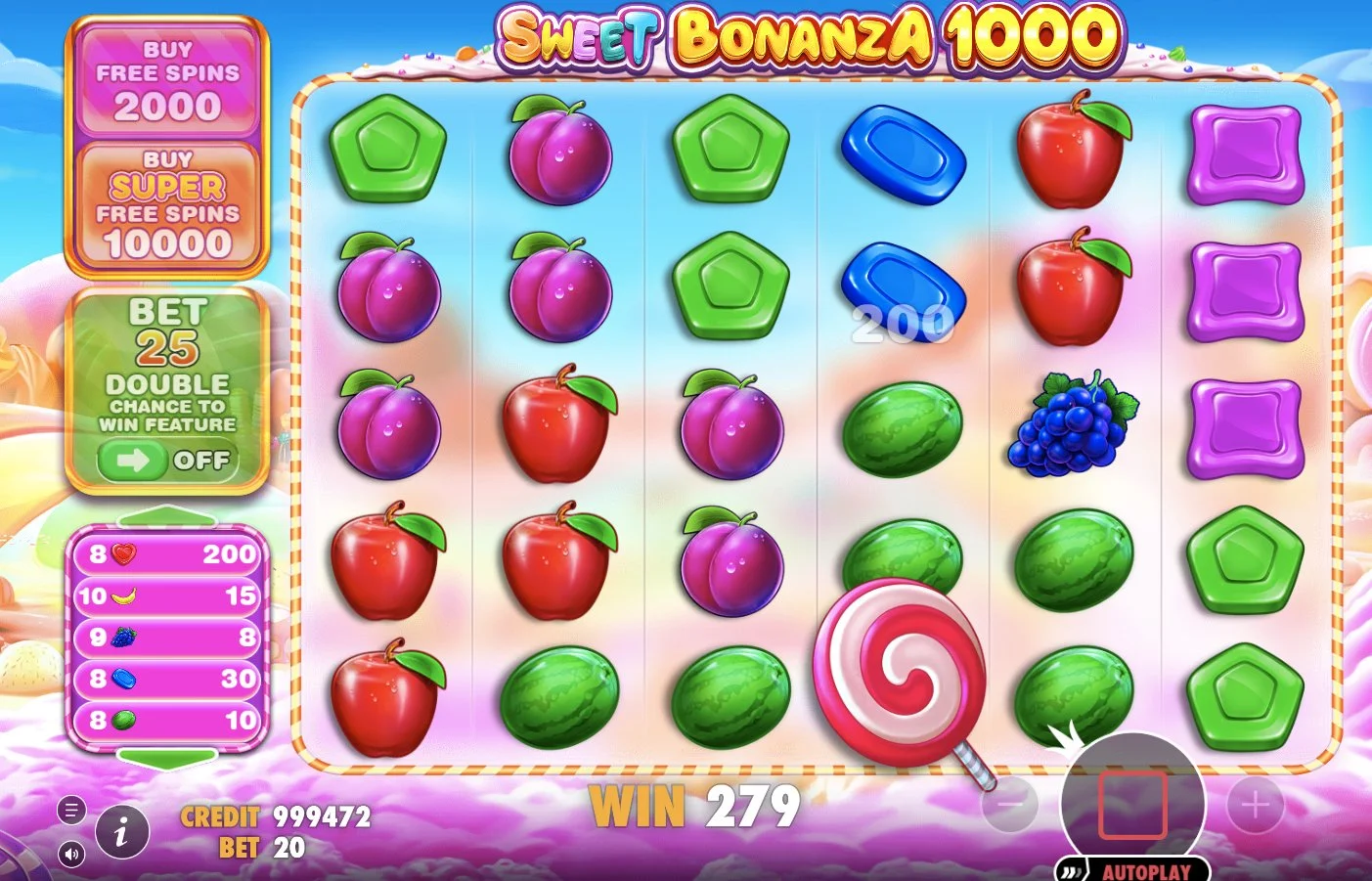Sweet Bonanza 1000 tumble win of 279 coins showing multiple fruit clusters and scatter symbol on screen